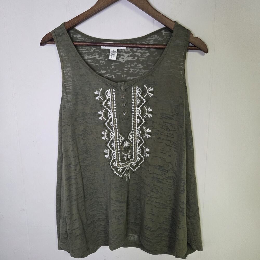 French Laundry Olive Green Sheer Embellished Tank Top Size Large